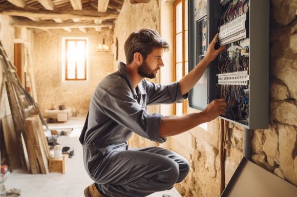 Professionnel effectuant des travaux de rénovation électrique dans un mas typique à Villeneuve-lès-Avignon