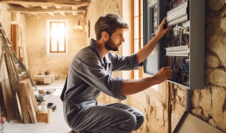 Professionnel effectuant des travaux de rénovation électrique dans un mas typique à Villeneuve-lès-Avignon